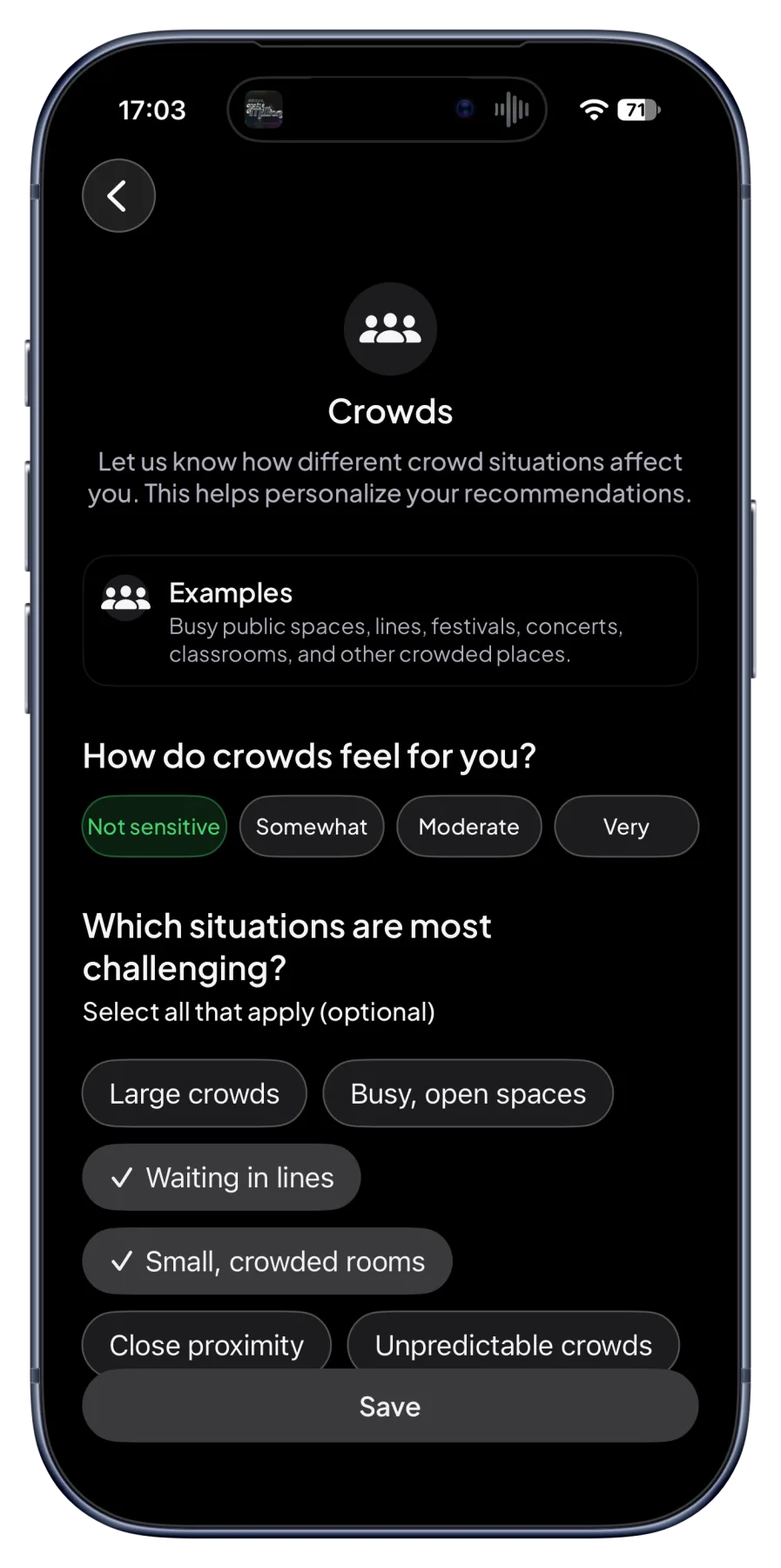 SpectrumScan preferences screen for setting crowd sensitivity levels
