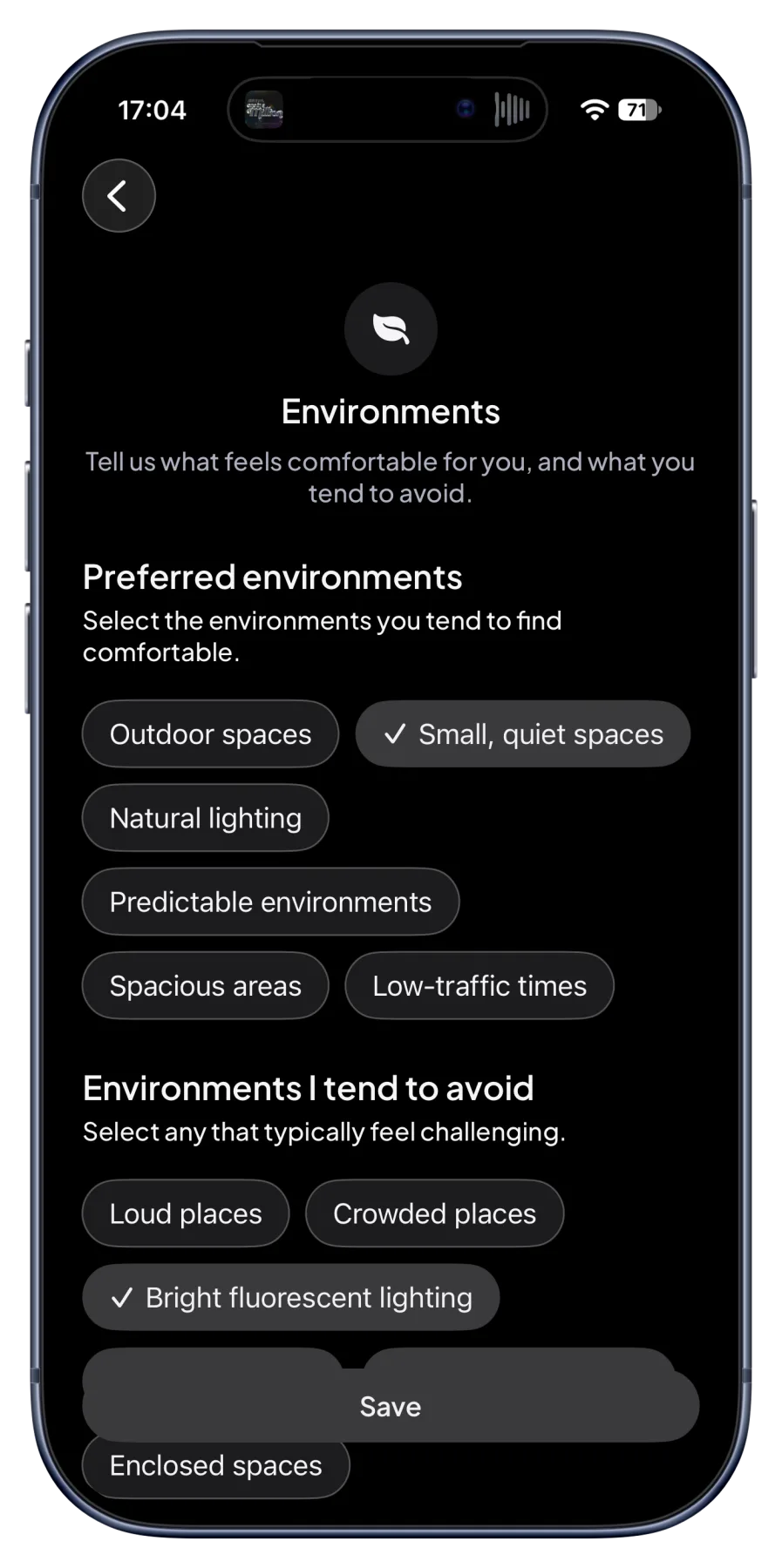 SpectrumScan preferences screen for choosing preferred and challenging environments