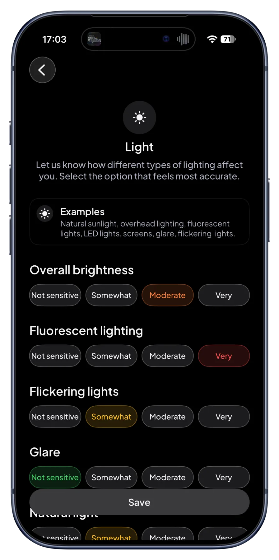 SpectrumScan preferences screen for setting light sensitivity levels