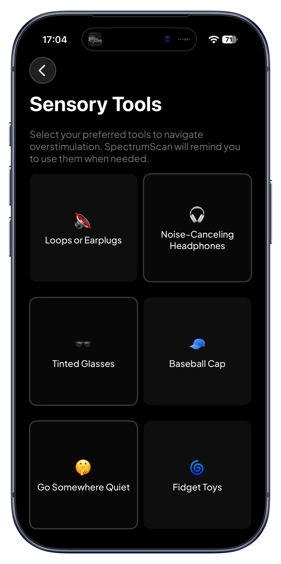 SpectrumScan sensory tools screen for managing personal preferences